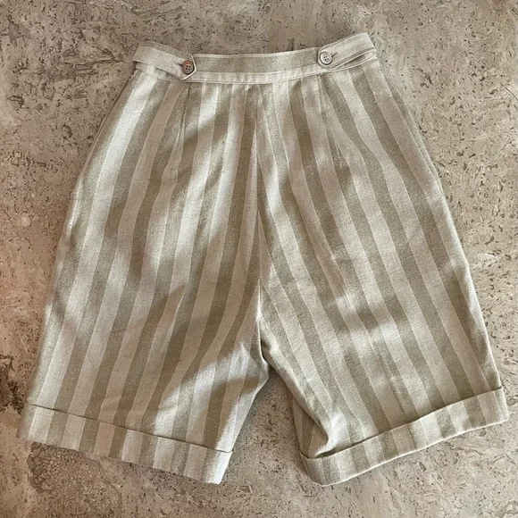 Vintage French Linen Blend Striped Pleated Bermuda Shorts - Picture 4 of 9